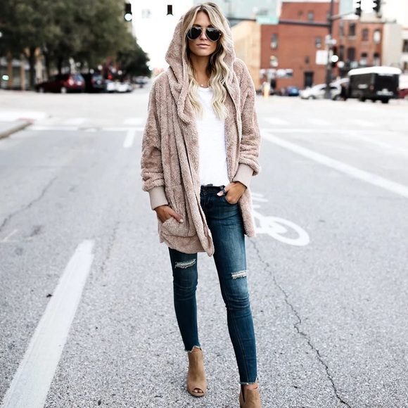 Tan Super Soft Cozy Pocket Hood Sherpa Lightweight Fleece Teddy Cardigan Coat - Picture 9 of 11